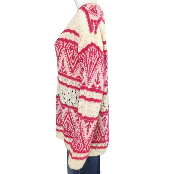 Sundance Brixen Fair Isle V-Neck Sweater Size M Wool Blend Pointelle Pink White - Picture 4 of 16